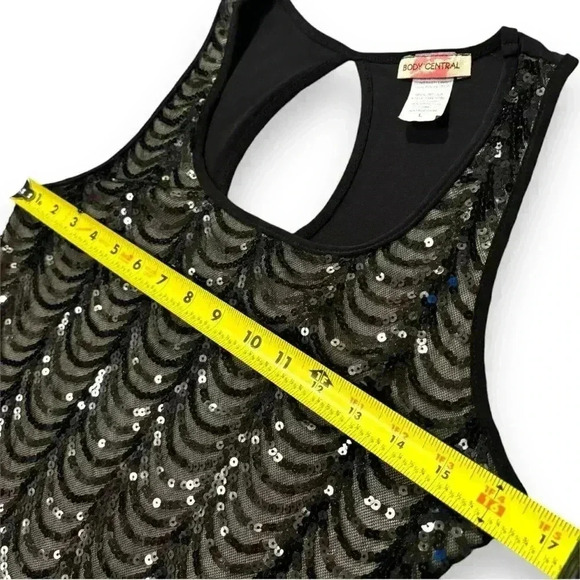 Body Central Size Large Black Lace and Sequin Over Nude Keyhole Back Mini Dress - Picture 8 of 16